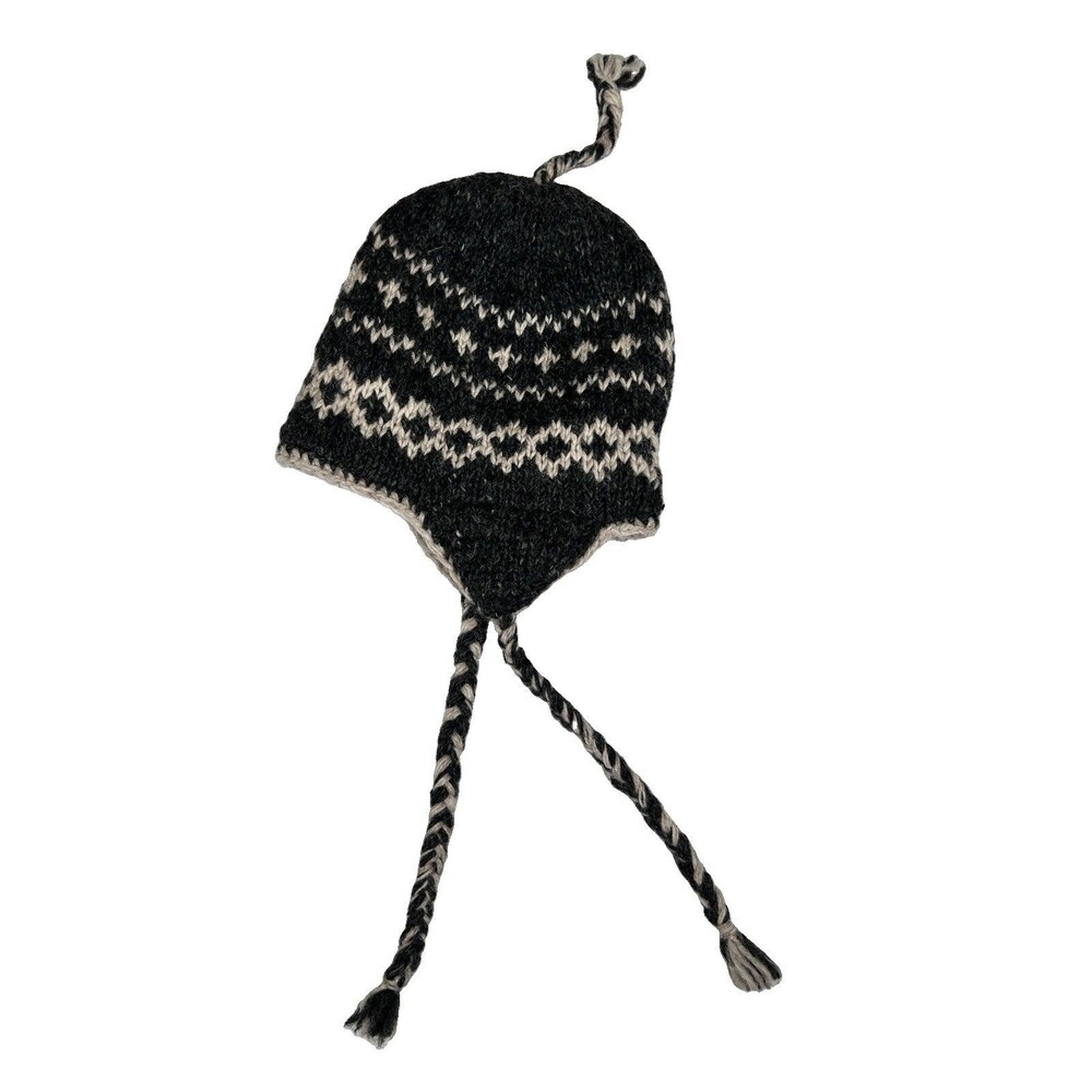KYBER Wool Knit HAT Nepal Beanie Tassel Ear Flap Fleece Lined Gray Fair Isle